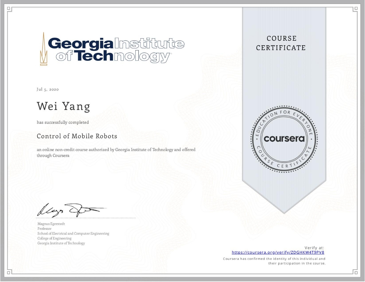 Control of Mobile Robots certificate